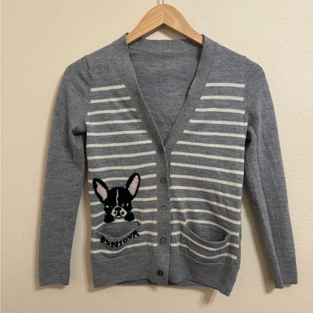Kate Spade Broome Street Frenchie Bulldog Antoine Gray Wool Cardigan Sweater